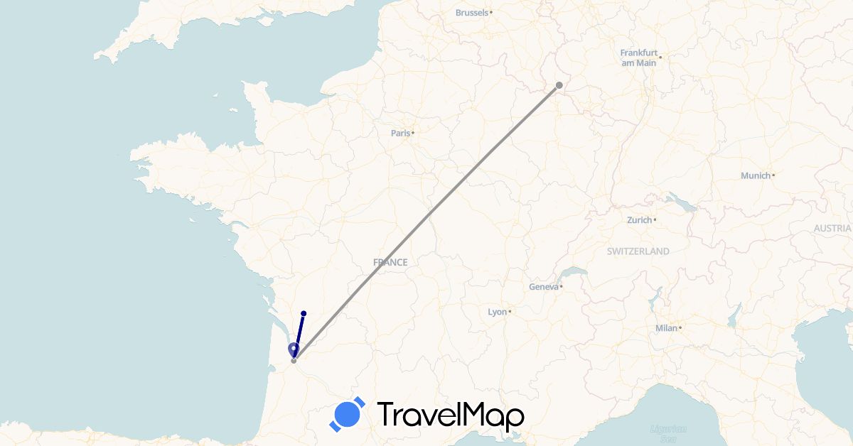 TravelMap itinerary: driving, plane in France, Luxembourg (Europe)